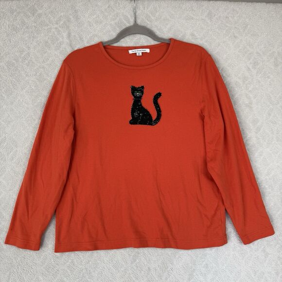 Vtg Halloween Sequin Black Cat Long Sleeve Top XL Petite Orange Kitschy Grandma - Picture 1 of 8